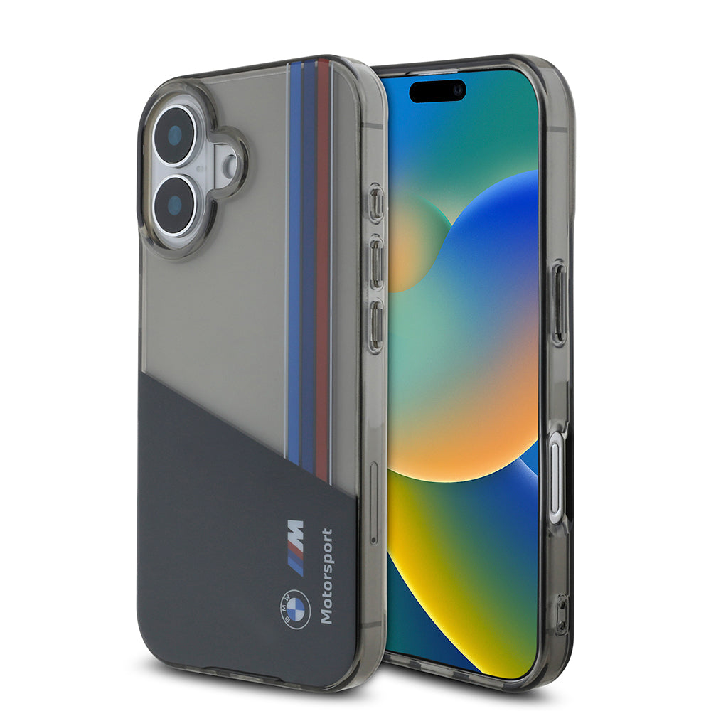 BMW iPhone 16 Orjinal Lisanslı Yarı Transparan M Dizayn Çizgili Telefon Kılıfı BMW iPhone 16 Orjinal Lisanslı Yarı Transparan M Dizayn Çizgili Telefon Kılıfı